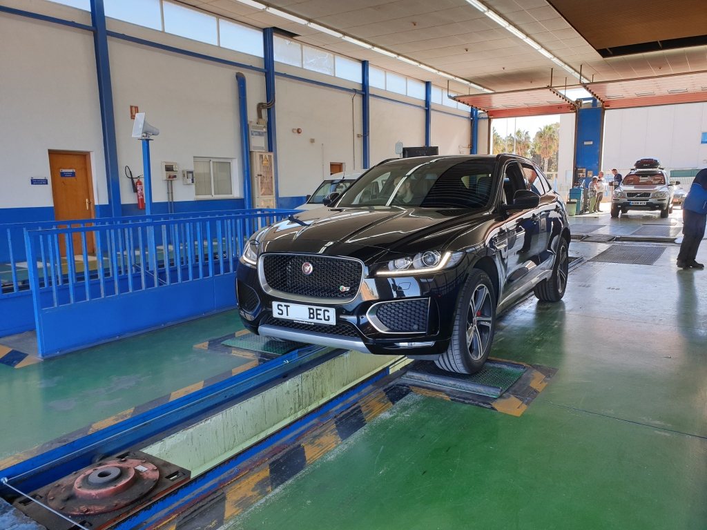 Jaguar F Pace has suspension elements checked during ITV import test in Murcia Jaguar F Pace during ITV test